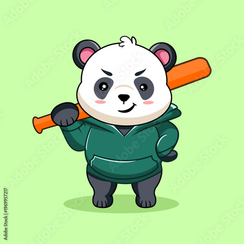 Cool Cartoon Panda in Hoodie Holding Baseball Bat Vector Illustration Kawaii Animal