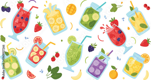 Fresh Smoothie Drinks Vector Set with Fruits, Berries, Citrus, Mint Leaves, Colorful Healthy Beverages, and Detox Summer Illustration Collection.