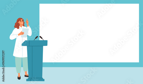 Young woman in white coat performs on stage against backdrop of clean white sheet. Doctor at conference tribune. Medical presentation screen. Public speaker speech. Vector background