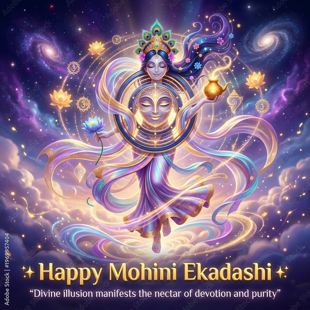 Fototapeta premium Vibrant hindu goddess mohini ekadashi cosmic illusion spirituality art
