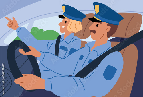 Two police officers in car. Man and woman in auto cabin. Cops patrol while sitting behind steering wheel of machine. Policemen inside of automobile. Vehicle driving. Vector concept