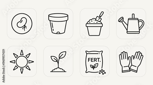 Gardening icon set with seed, pot, soil, watering can, sunlight, sprout, fertilizer, and gloves, drawn in black-and-white line art, symbolizing plant growth, cultivation, and essential gardening tools