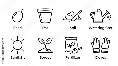 Gardening icon set with seed, pot, soil, watering can, sunlight, sprout, fertilizer, and gloves, drawn in black-and-white line art, symbolizing plant growth, cultivation, and essential gardening tools