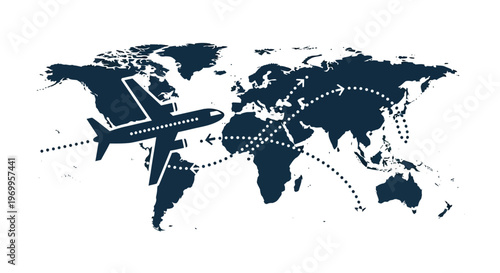 Airplane flying around the world map.