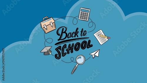 This video features several school-themed icons floating against a black background