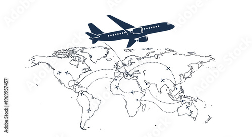 Airplane flying over world map.