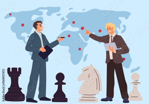 Two businessmen develop and discuss international business strategy against backdrop of world map and chess pieces. Project discussion. Negotiation about partnership. Vector concept