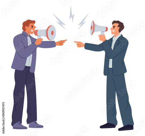 Two businessmen arguing with each other using megaphones. Business conflict. People hold loudspeakers. Difference of opinion. Demonstration activist. Promoters speech. Vector concept