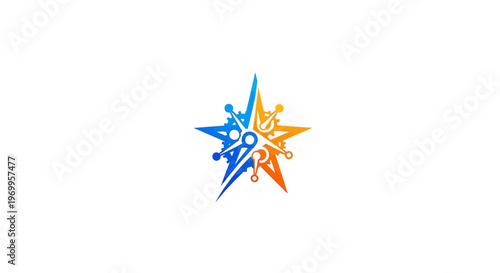 Blue and orange starburst graphic symbol.