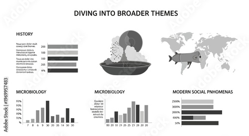 Black and white infographic elements.