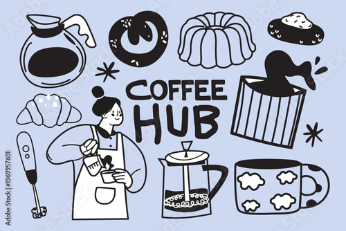 Hand drawn coffee and baking doodle set. Barista, cups, cakes and cookies. Black and white line art vector illustration