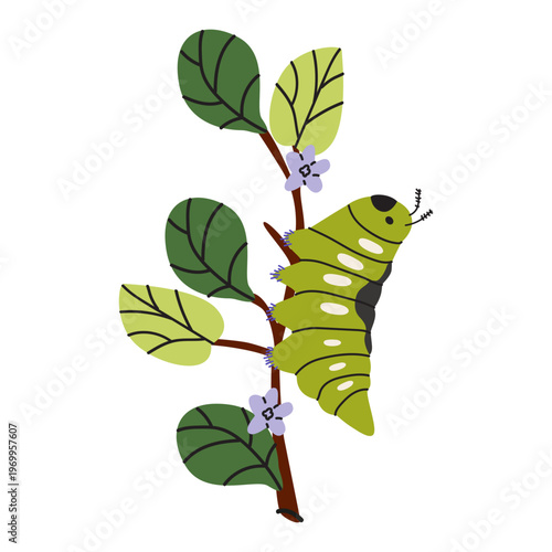 Green caterpillar crawling on a tree branch with leaves and flowers. Nature vector illustration