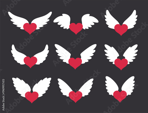 Red hearts with angelic white wings. Spirit in heaven. Love flight in sky. Valentine lovely romance. Hope and kindness. Spiritual compassion. Cupid amour. Passion symbols vector set