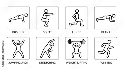 Fitness exercise icon set with push-up, squat, lunge, plank, jumping jack, stretching, weight lifting, and running, drawn in black-and-white line art, symbolizing workout, training, and physical activ