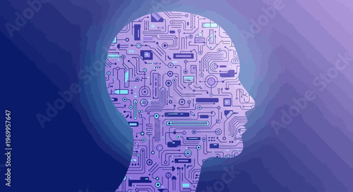Digital human head made of circuits.