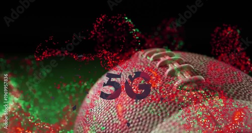 Animation of 5g text over multicolored abstract pattern against cropped rugby ball on field