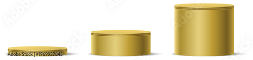 Realistic gold podium or pedestal of various heights for product display. Product presentation base with shadow. Cylinder step stage. Showcase scene. Vector set of cylindrical stands