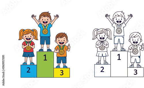  Vector Illustration of Happy Kids on a Sports Winner Podium with Medals, Colored and Black and White Line Art for Coloring Book, Children Achievement and Competition Concept