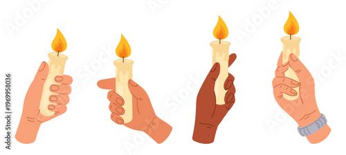 Multicolored hands hold burning wax candle. Mourning burial ceremony in church. Paraffin stick with lit wick. Memory candlestick fire. Candlelight glow. Arms with candlesticks vector set