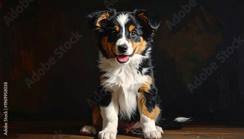 A tri-colored puppy with a happy expression sitting on a wooden floor