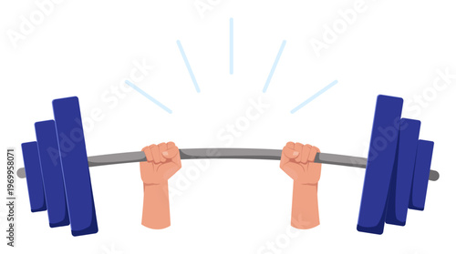 Mens hands holding heavy barbell. Bodybuilder lifting large weight. Raised dumbbell. Sportsman muscle. Powerlifting athlete. Weightlifting competition. Fitness exercise. Vector concept