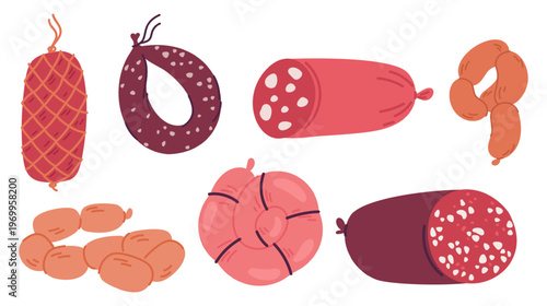 Meat sausages. Ham and frankfurters. Semi finished beef products. Wieners and smoked delicacy. Cooking ingredients. Gastronomy food. Salami piece. Vector isolated butcher delicatessens set