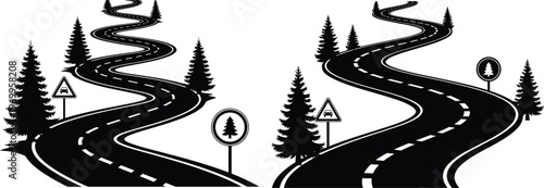Black and white stylized illustration of two winding forest roads with lane markings, pine trees, and caution signs symbolizing travel and perspective