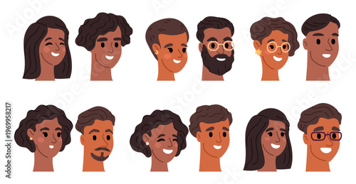 Male and female faces with dark skin and hair. People attractive portraits. Brunette hairstyle. Man with beard and mustache. Woman hairdo. Persons smile. Vector set of avatar characters
