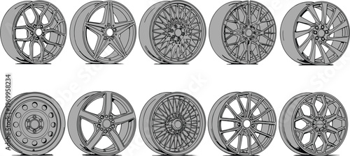 Automotive car wheel rim designs collection with alloy steel spoke patterns stylish modern mesh technical catalog illustration vehicle accessories vector artwork
