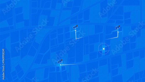 Blue City Map with Vehicle Tracking Icons and Target Location Marker. Vector illustration.