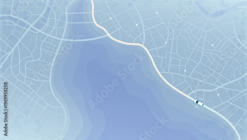 Top down map view showing white car driving along coastal route on blue background. Vector illustration.