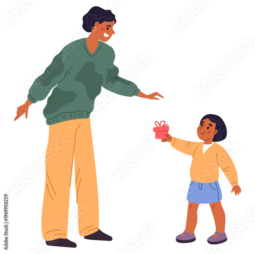 Little girl gives parent gift on Mothers Day or her birthday. Happy mom receiving present box. Holiday celebration. Kids surprise for family. Daughter congratulating woman. Vector concept