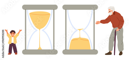Little boy and old man next to hourglass. Beginning and end of life. Ageing process. Time for elderly grandparent and young child. Lifetime clock. Countdown to death. Vector concept