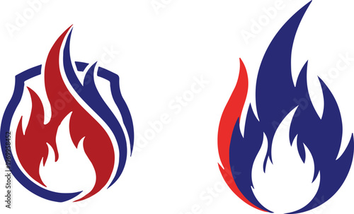 Dynamic flame logos a pair of fiery designs in red white and blue hues
