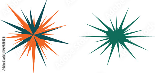 Abstract starbursts a vibrant duo of colorful spiky geometric shapes on a white background