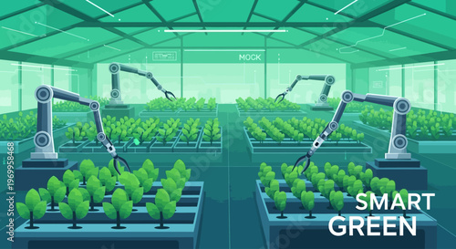Robotic arms tending green plants.