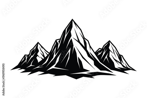 Majestic black and white illustration of rugged mountain peaks, showcasing nature's raw beauty and grandeur in a serene, untouched landscape under a clear sky.