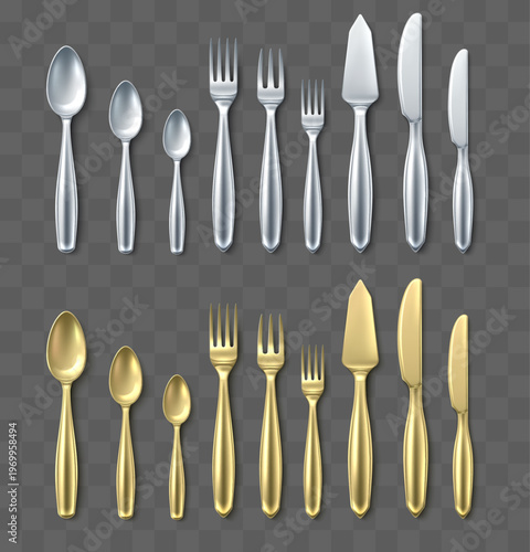 Gold and silver cutlery. Realistic spoons. Clean metallic forks and knives on transparent background. Dinner serving objects. Stainless teaspoon or tablespoon. 3D silverware vector set