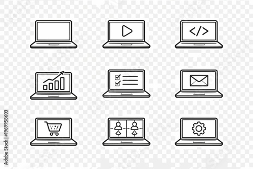 Laptop Icons Set – Minimal Line Vector Collection of Computer and Digital Interface Elements