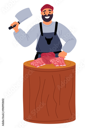 Butcher cuts pieces of fresh meat with knife on wooden table. Man in apron with knife. Butchery worker chopping tenderloin and sirloin. Uncooked delicatessen fillet. Vector concept