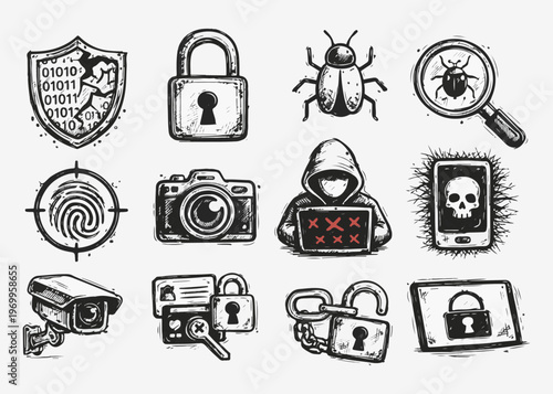 Cybersecurity Hacking Icons Set – Digital Security & Privacy Illustrations
