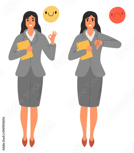 Businesswoman shows things are going well or badly. Emotional instability. Business success or failure. Woman in formal suit. Face emotion expression. Vector concept of mood swings