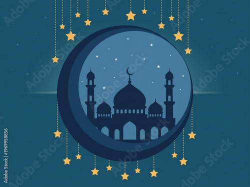Ramadan kareem background with mosque silhouette crescent moon and stars on night sky islamic holiday celebration concept