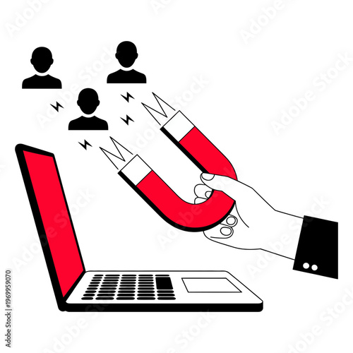 A graphic illustration of a hand holding a red magnet pulling human user icons towards an open laptop screen.