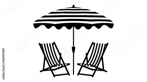 A classic black and white striped beach umbrella providing shade over two lounge chairs.