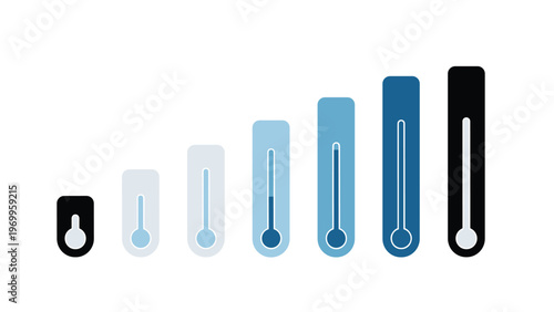 Graphic representation of rising temperatures is shown through a series of vertical thermometers in shades of blue and black.