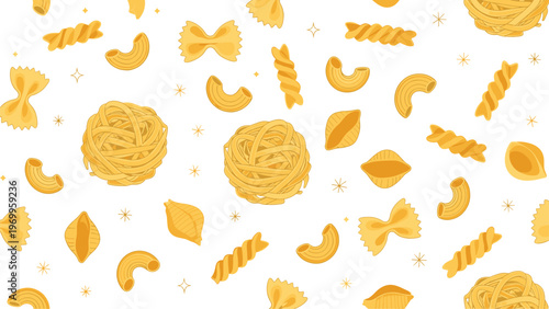 Seamless pattern of various dry pasta shapes like farfalle, fusilli, and penne is scattered across a clean white background.