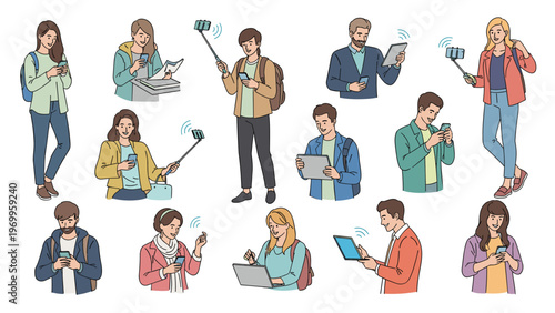 Collection of people in various casual and professional outfits are shown using smartphones, tablets, and laptops in a grid.