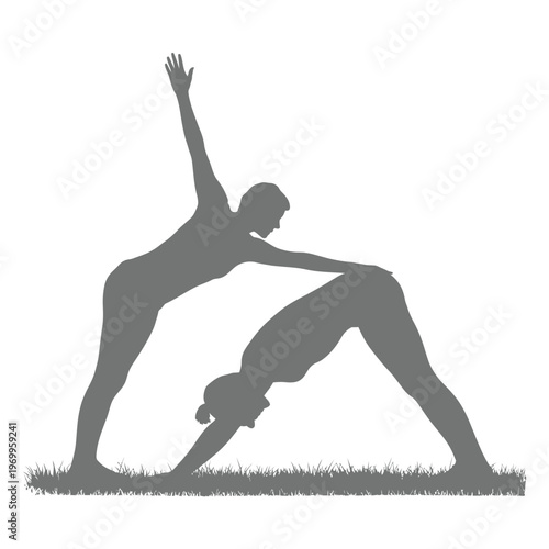 Two women are gracefully performing a challenging partner yoga pose, demonstrating flexibility and trust.