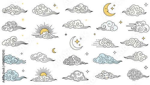 Set of traditional stylized clouds, sun, and moon icons are presented in a decorative line art style with gold accents.